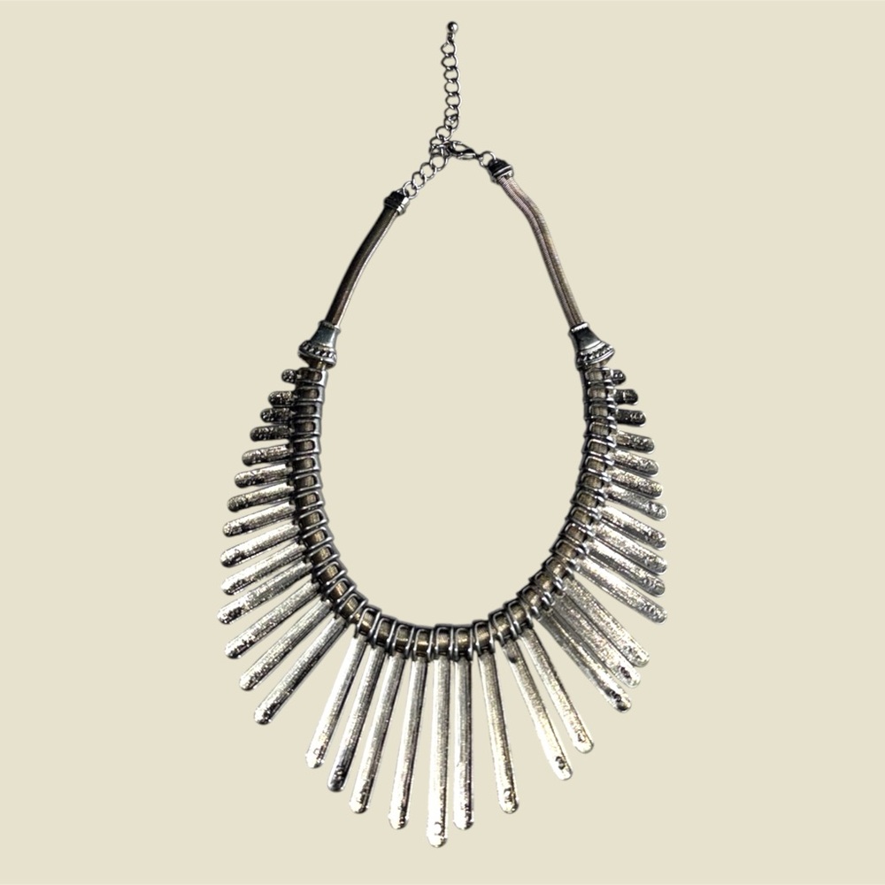 Silver Tone Fringe Chunky Statement Necklace - Picture 4 of 5